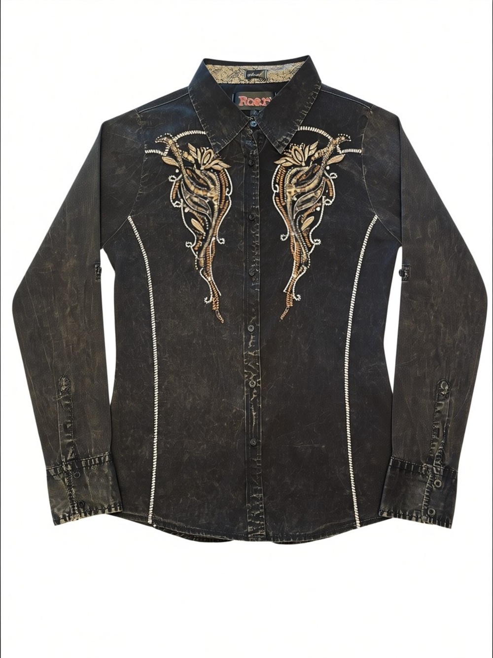 Cowgirl Core Women's Black Button-Down Shirt w/ Gold Embroidery & Sequins